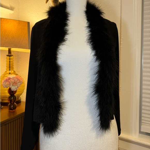Calvin Klein Feathered Trimmed Cardigan Size Medium Sexy Black Going Out Top - Picture 2 of 11